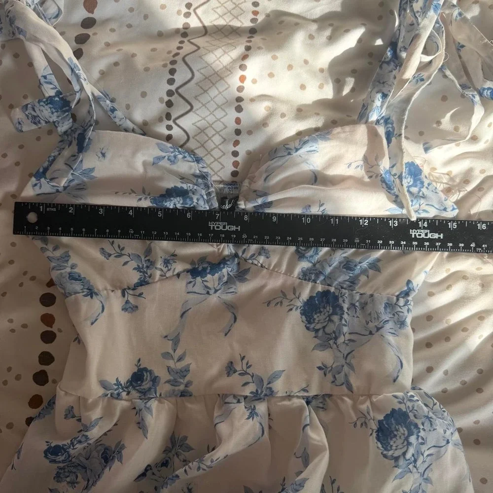 Crystal Doll Blue White Floral Tie-Strap Tiered Midi Dress - Size Medium - Picture 8 of 8